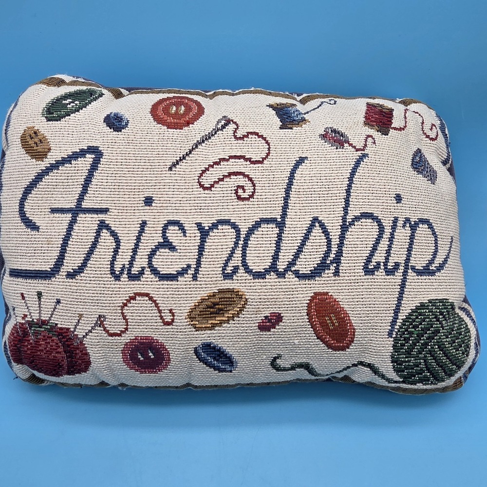 Friendship Pillow Needlepoint Throw Cottagecore Button Pin Sewing Quilting